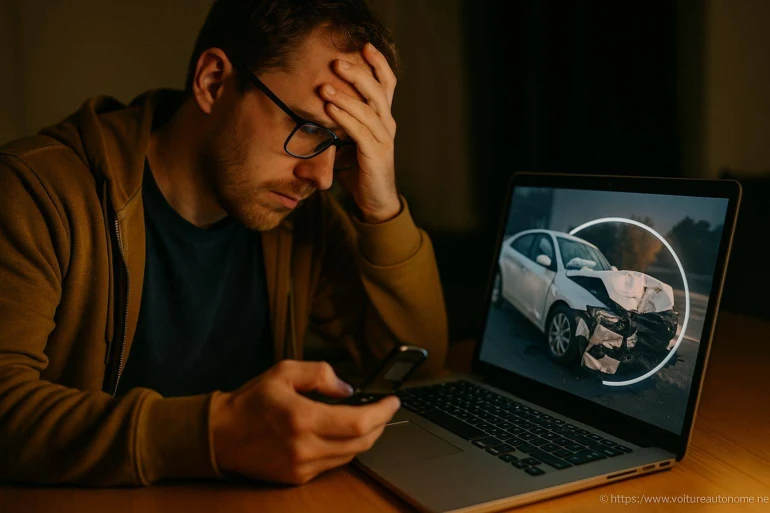 Homme stressé devant un ordinateur avec voiture accidentée