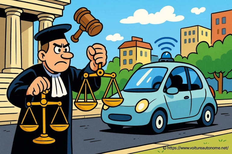 Juge cartoon avec balance face voiture autonome