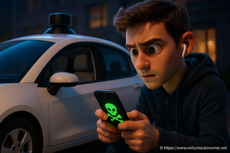 Jeune homme inquiet devant voiture autonome