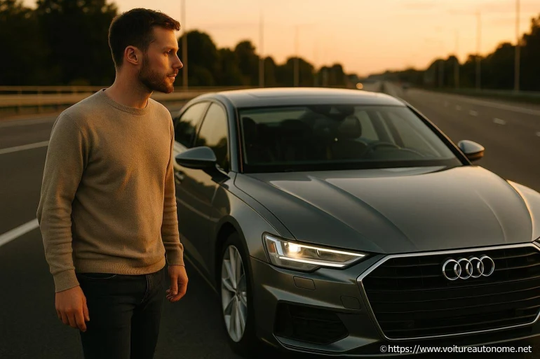 Homme debout près d'une Audi grise