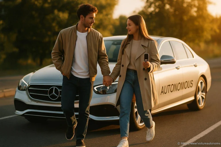 Couple marchant devant voiture autonome Mercedes
