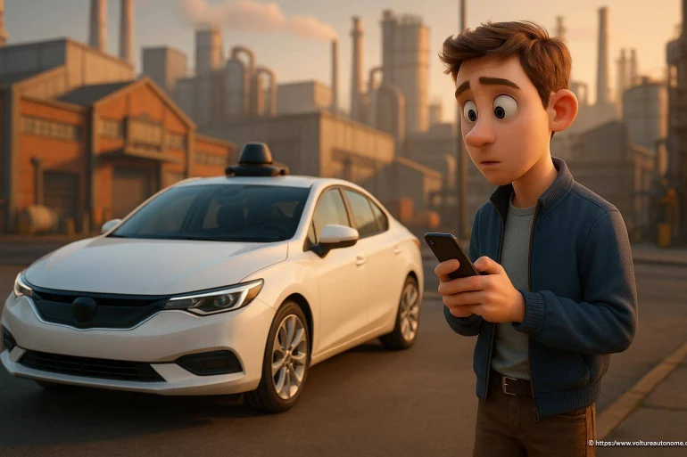 Jeune homme inquiet devant voiture autonome