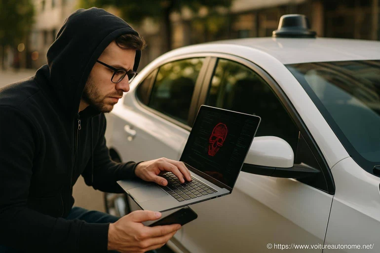 Homme hacker avec ordinateur près voiture blanche