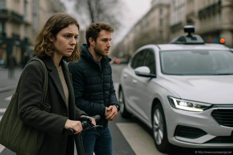 Jeune femme et homme face à voiture autonome