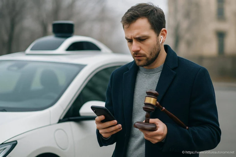 Homme avec marteau de juge devant voiture autonome