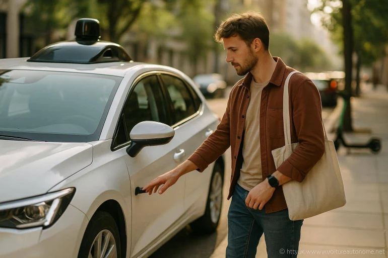 Homme ouvrant voiture autonome blanche