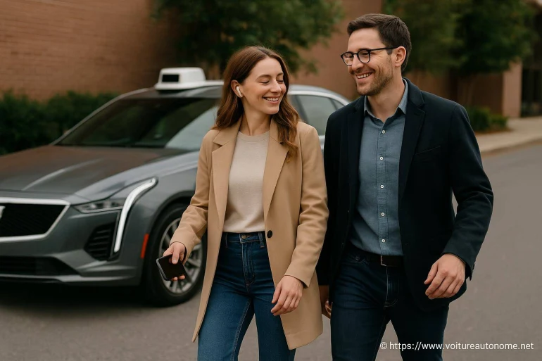 Couple souriant marchant devant une voiture autonome