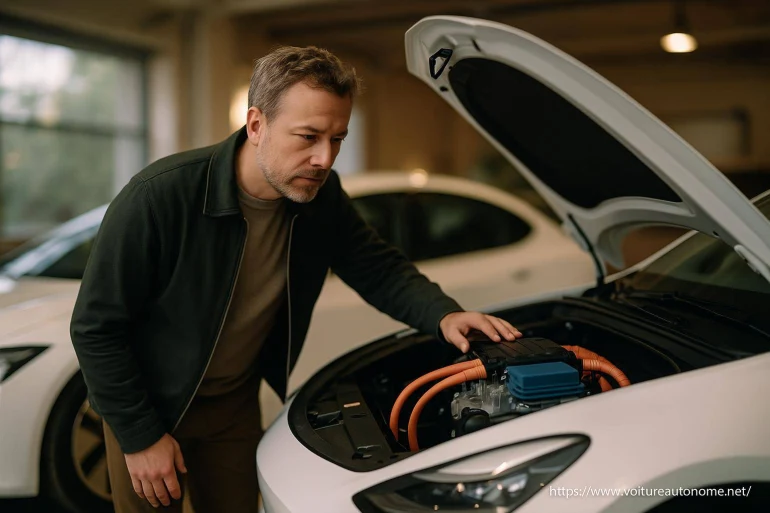 Homme inspectant moteur voiture électrique