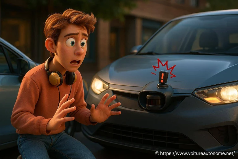 Jeune homme surpris devant voiture autonome