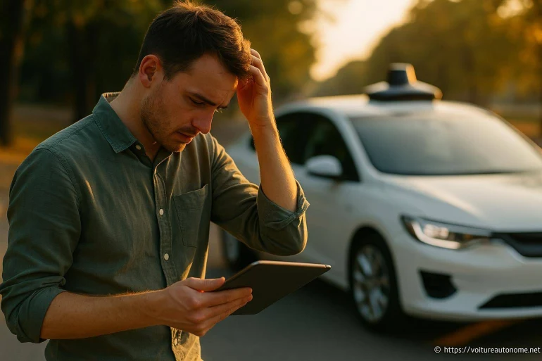 Homme perplexe consultant une tablette devant une voiture autonome