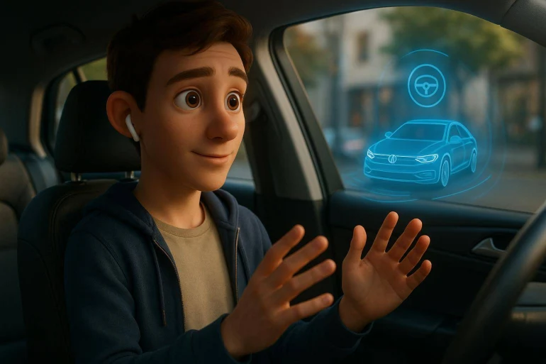 Jeune homme pilote voiture autonome