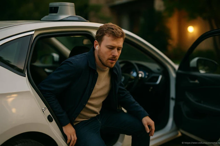 Homme sortant d'une voiture autonome
