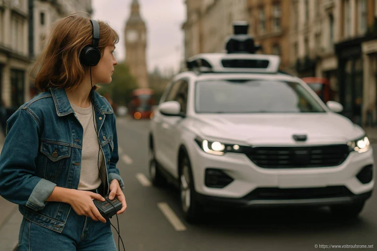 Femme avec casque audio près d'une voiture autonome
