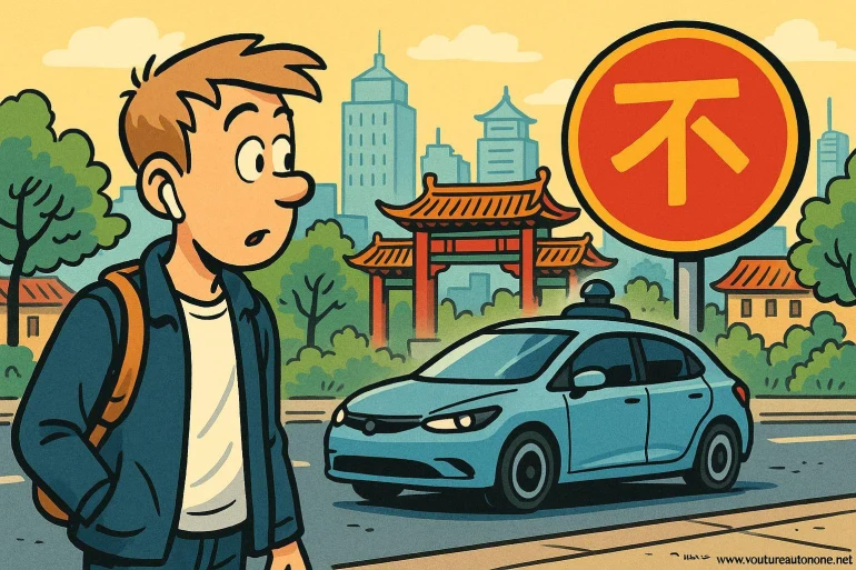 Jeune homme surpris devant voiture autonome