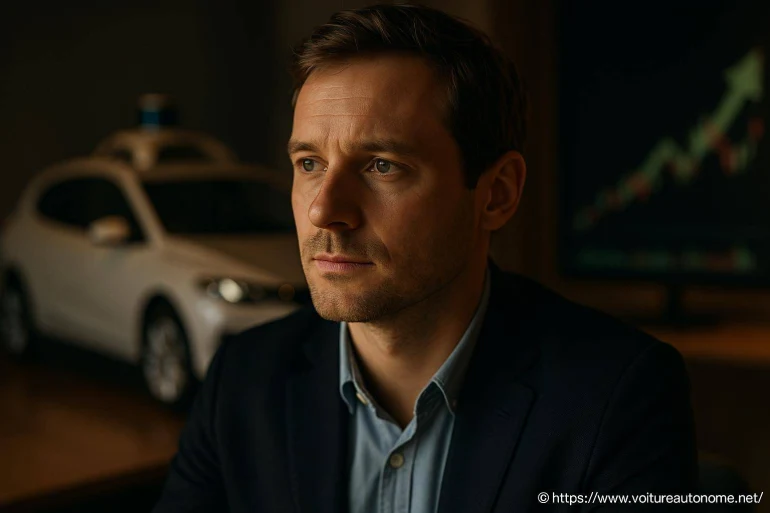 Homme pensif devant voiture autonome et graphique