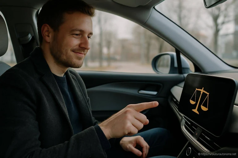 Homme utilisant écran voiture balance justice