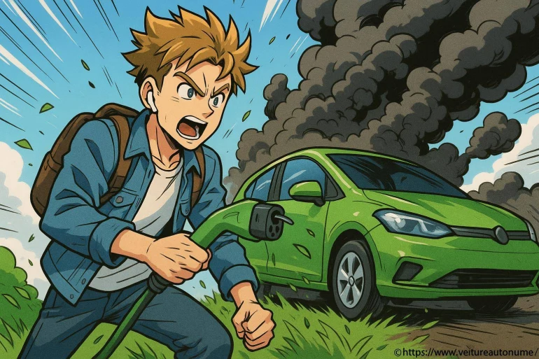 Jeune homme furieux avec prise voiture électrique
