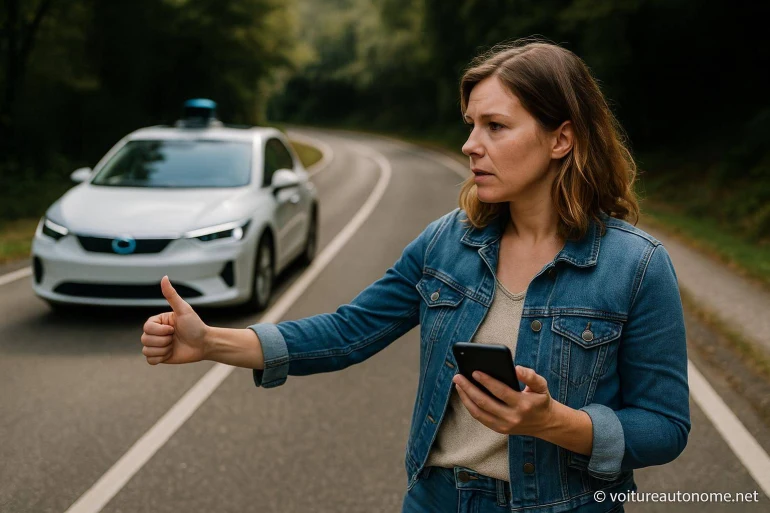 Femme faisant du stop devant voiture autonome