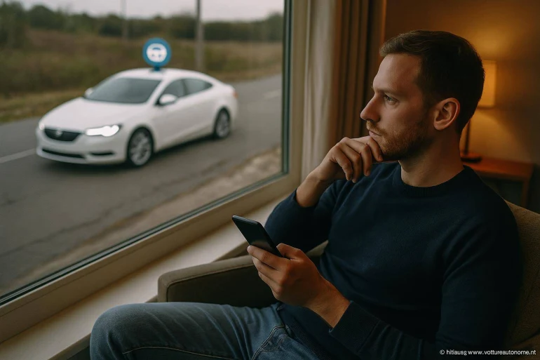 Homme pensif regardant un taxi blanc