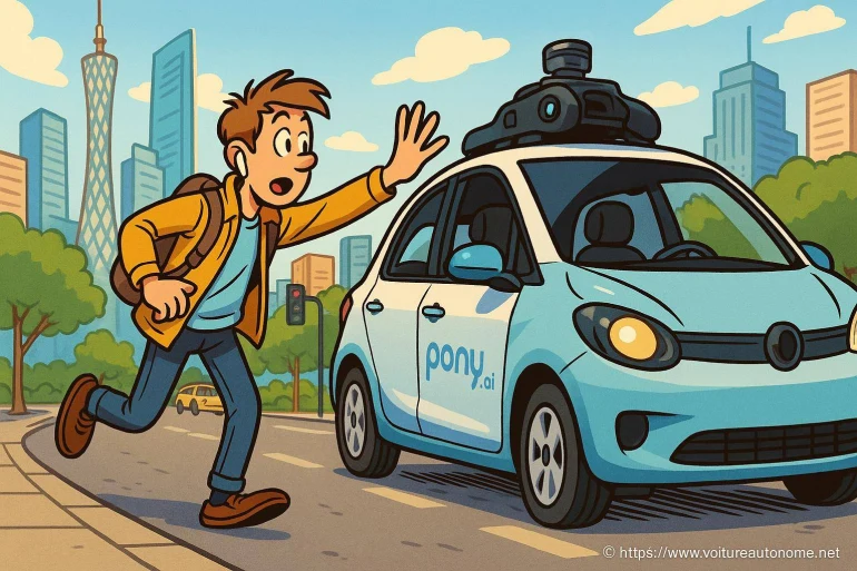 Jeune homme courant vers voiture autonome pony ai
