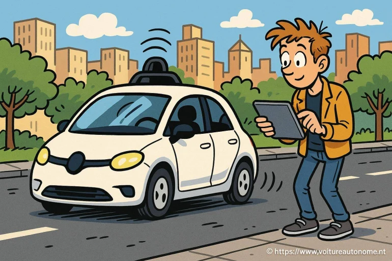 Jeune homme contrôle voiture autonome avec tablette