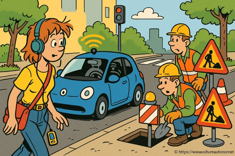 Voiture autonome et ouvriers travaux publics