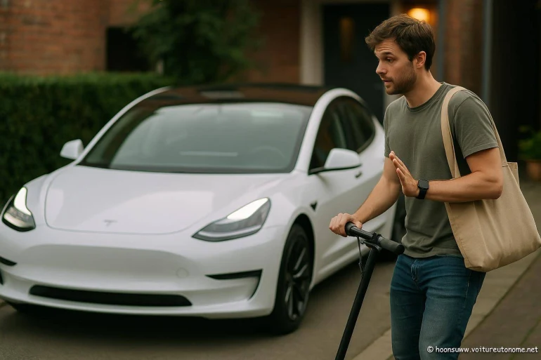 Jeune homme avec trottinette électrique et voiture électrique