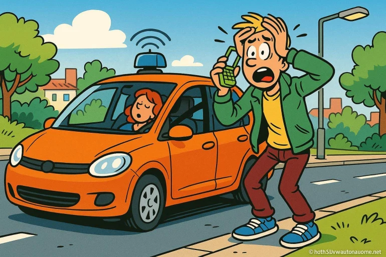 Homme paniqué appelant secours près voiture orange
