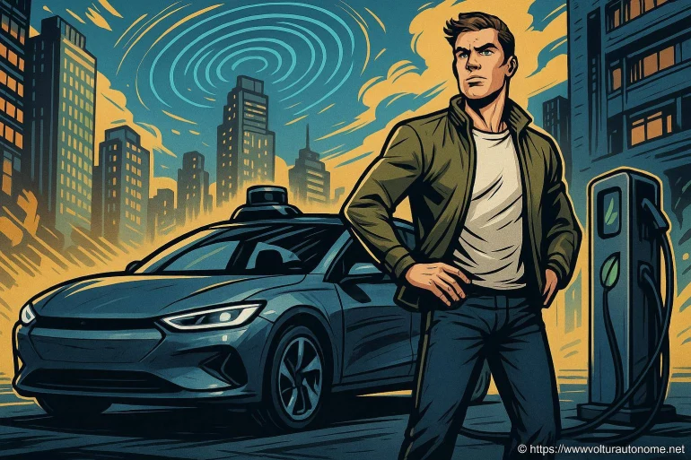 Homme debout près voiture autonome électrique