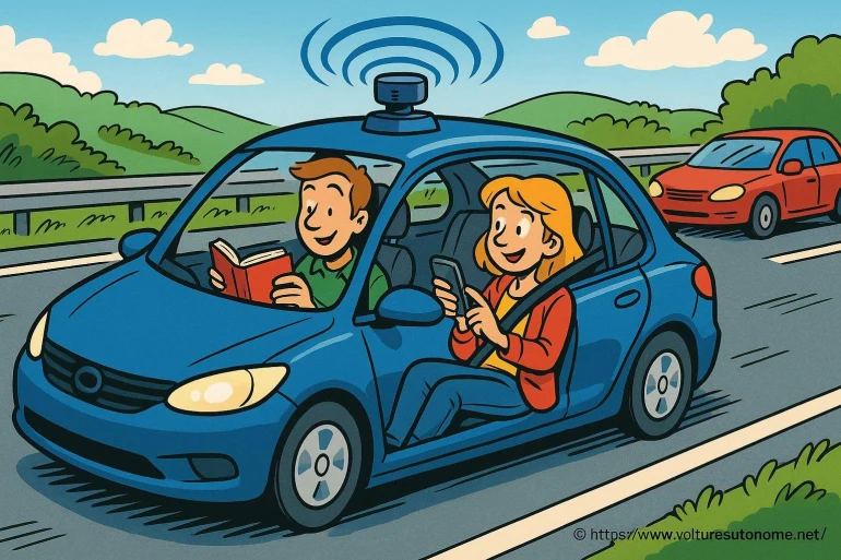 Voiture autonome avec passagers lisant et utilisant smartphone