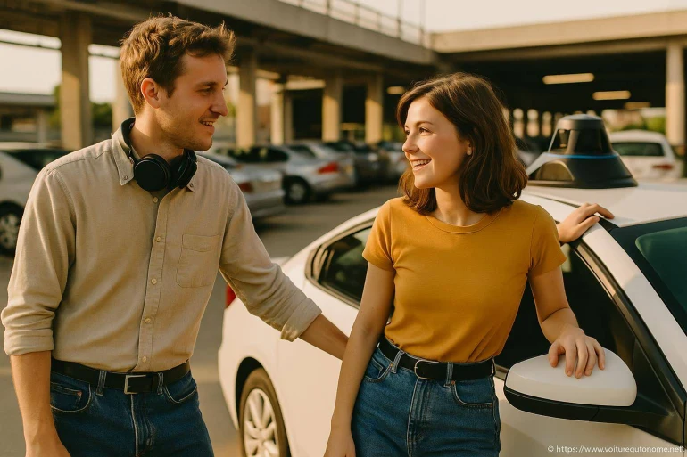 Jeune couple souriant près voiture autonome