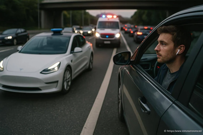 Homme regardant ambulance en embouteillage