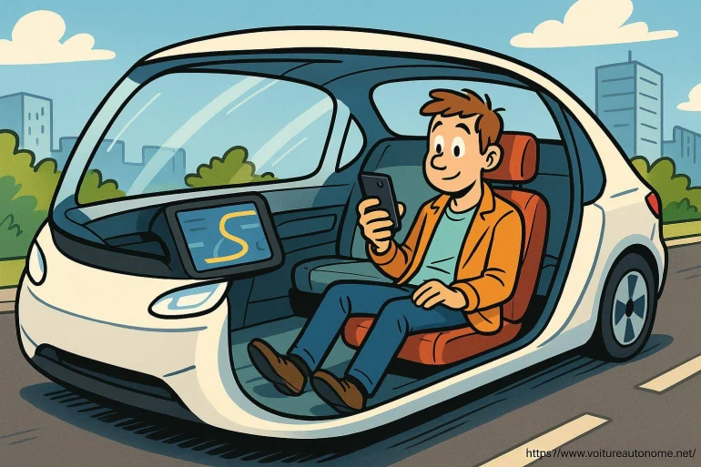 Homme dans voiture autonome utilisant smartphone