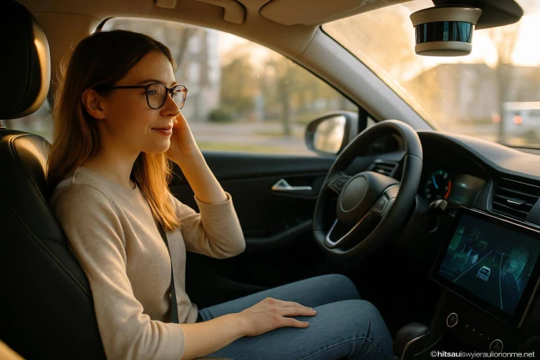 Femme conduisant voiture autonome moderne