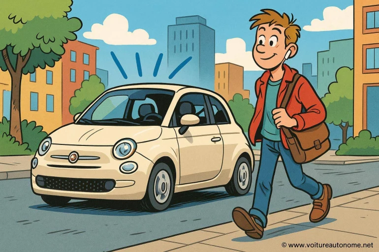 Jeune homme marchant près d'une petite voiture beige