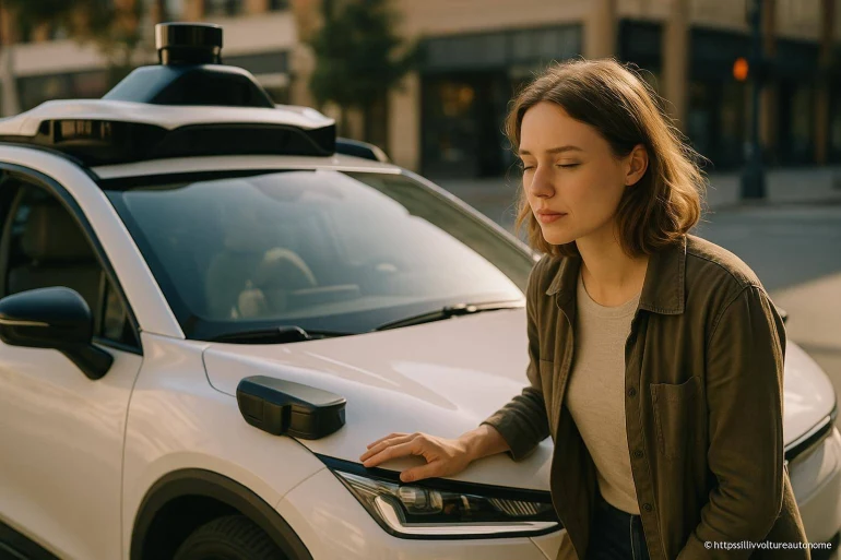 Femme posant main sur voiture autonome blanche