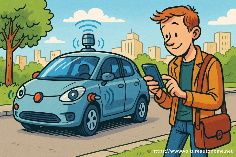Homme utilisant smartphone avec voiture autonome