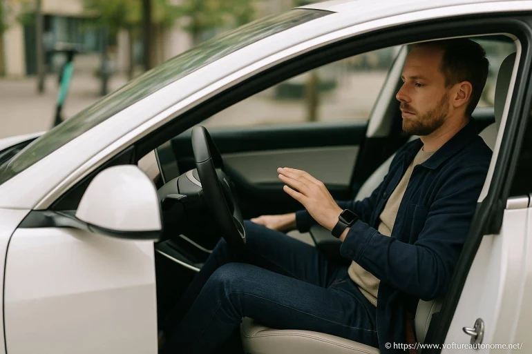 Homme utilisant commande gestuelle voiture autonome