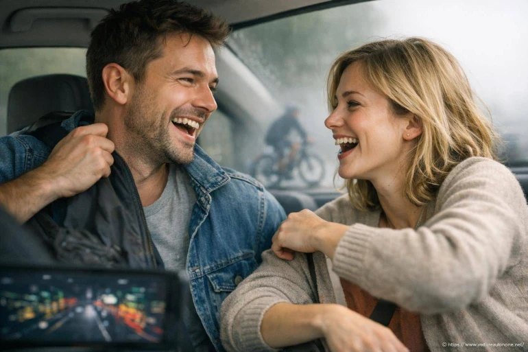 Couple riant dans une voiture