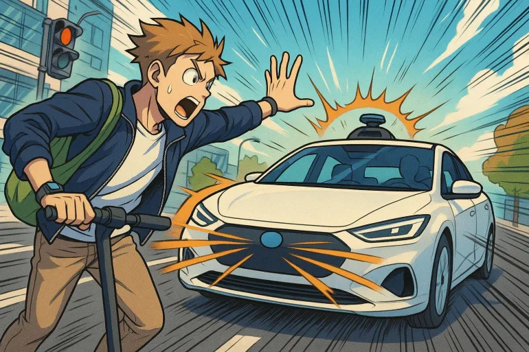Jeune homme alertant voiture autonome en danger