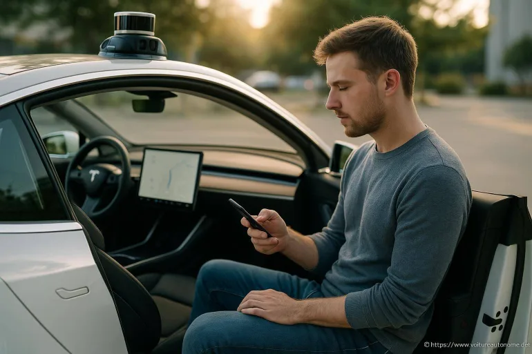 Homme utilisant smartphone dans voiture autonome