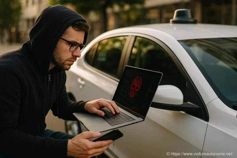 Homme hacker avec ordinateur près voiture blanche