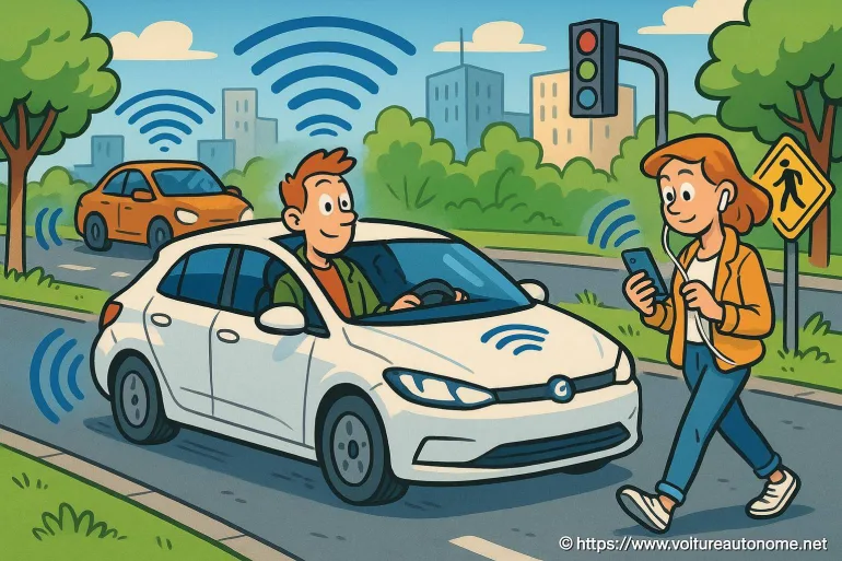 Voiture autonome détectant un piéton connecté
