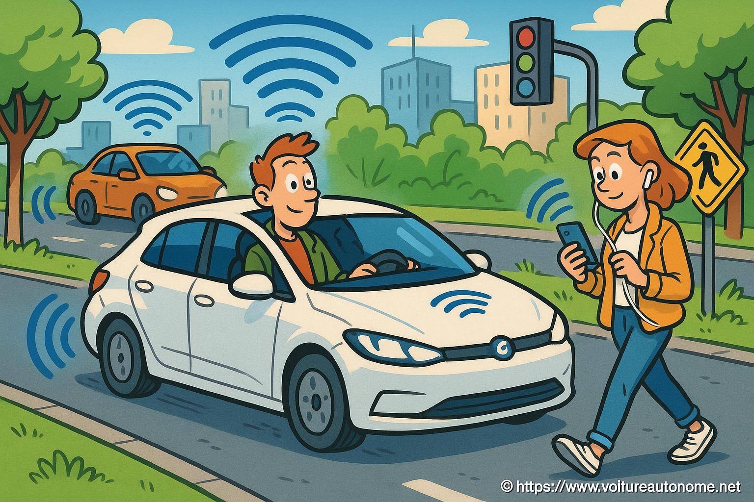 Voiture autonome détectant un piéton connecté