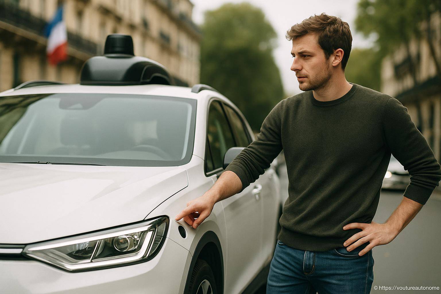 Homme inspectant une voiture autonome blanche