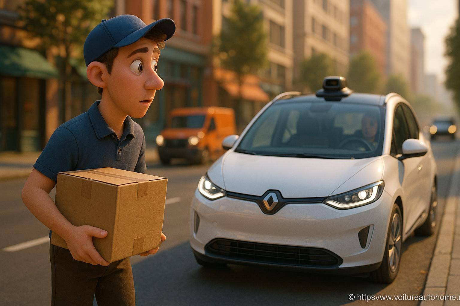livreur surpris devant voiture autonome Renault