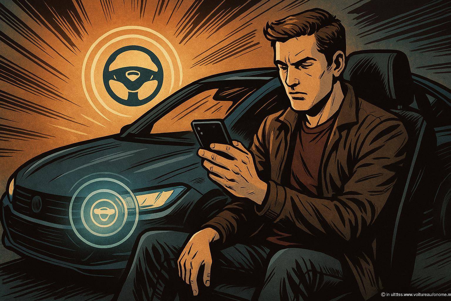 Homme inquiet regardant son smartphone en voiture