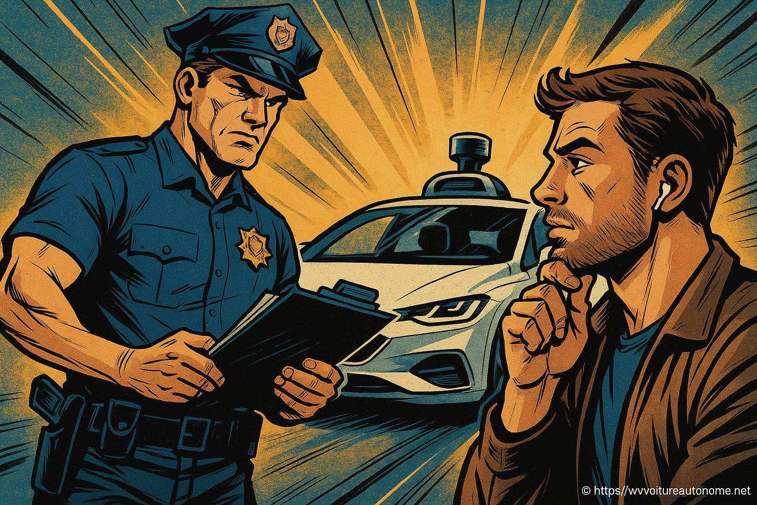 policier interrogeant un homme devant une voiture autonome