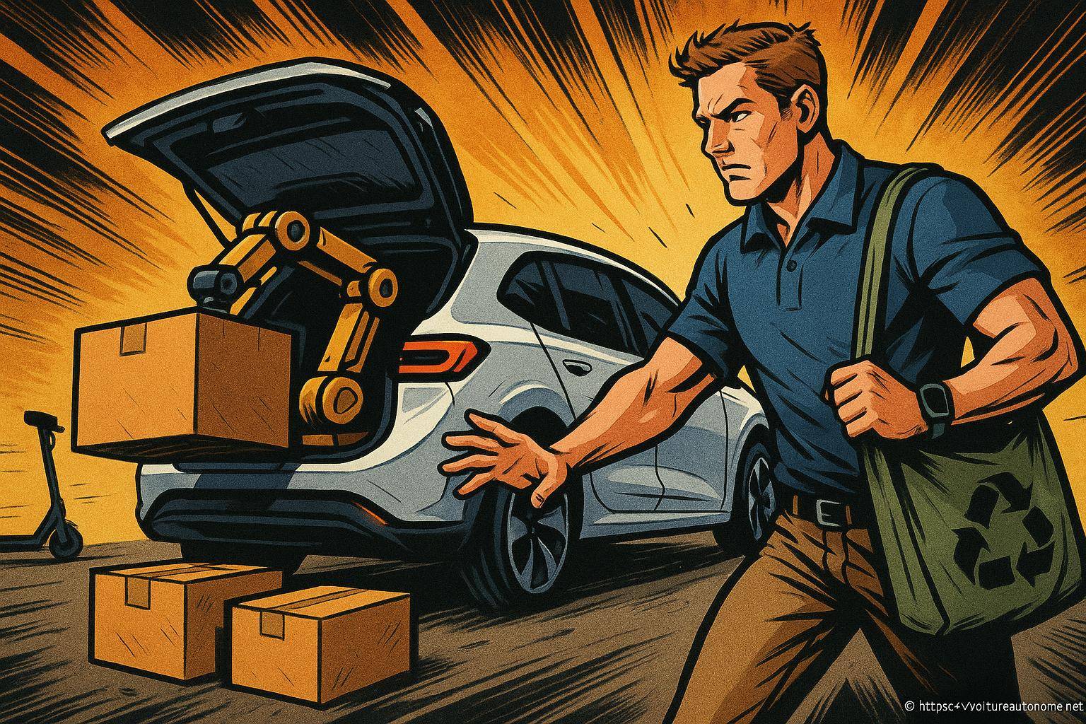 Homme récupérant colis d'une voiture autonome