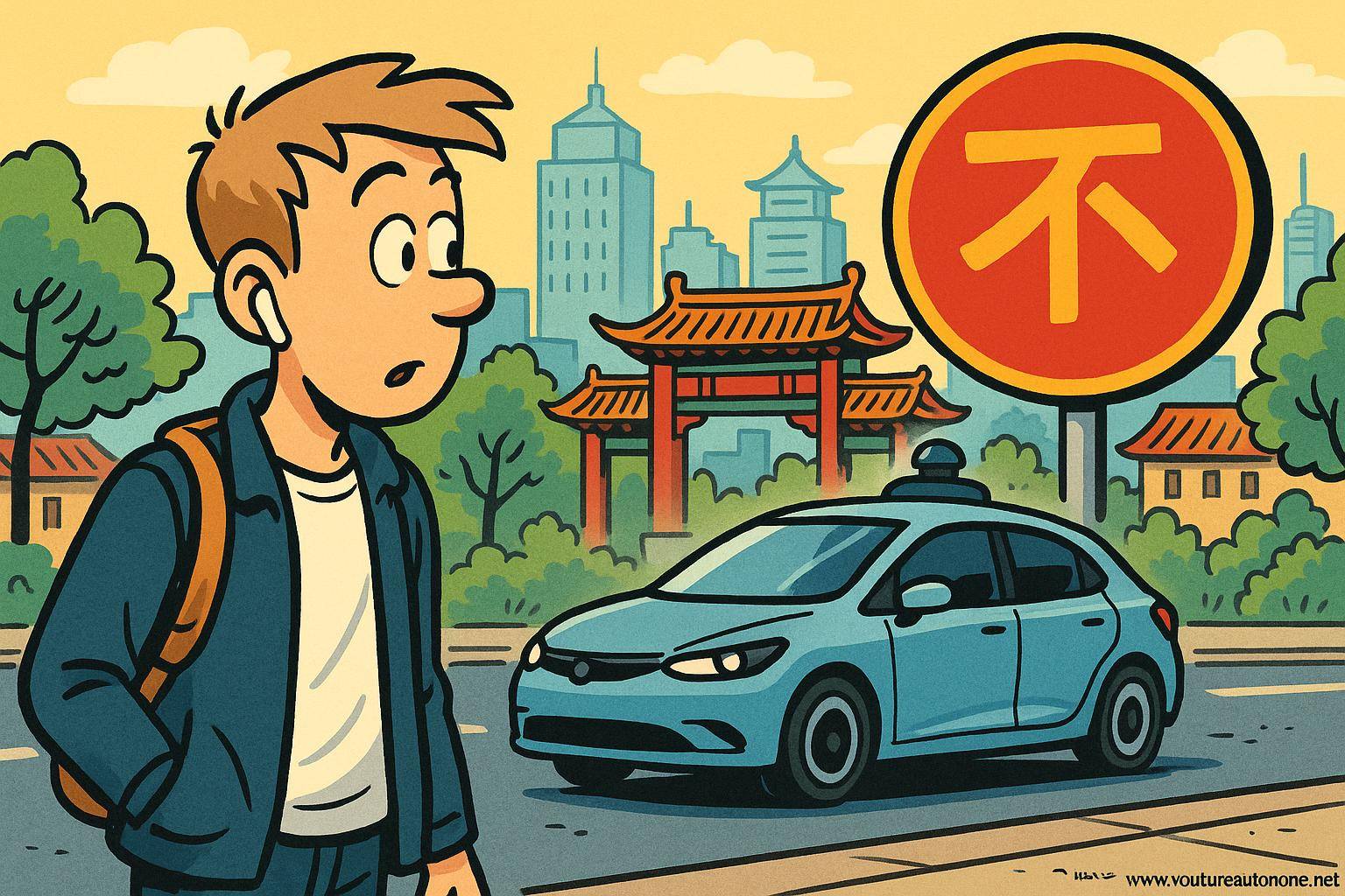 Jeune homme surpris devant voiture autonome